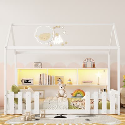 Wooden Twin Size House Bed with Fence and Roof, LED Bed Frame, Solid Pine Floor House Shaped Bed Frame with Storage Bookshelf
