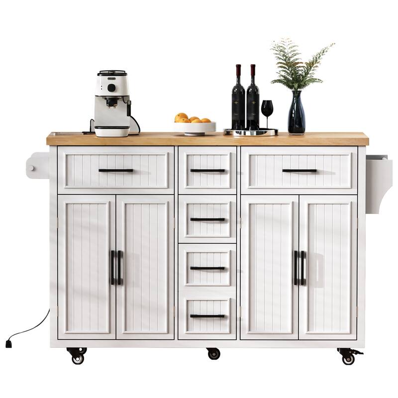 56.5'' Rubber Wood Kitchen Island with Drop Leaf, Power Outlet, Rolling Wheels, 5 Deep Drawers and Adjustable Shelves