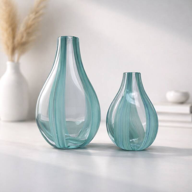 Green Striped Tear Drop Glass Set of Two Elegant Art Deco Vases