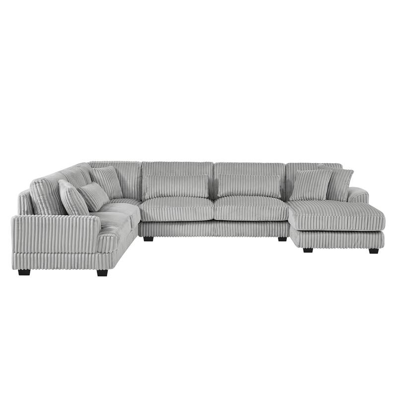 U-Shaped Sectional Sofa with Chaise Lounge, Oversized Corduroy Upholstered Sofa, 5 Seater Sofa with Removable Throw Pillows