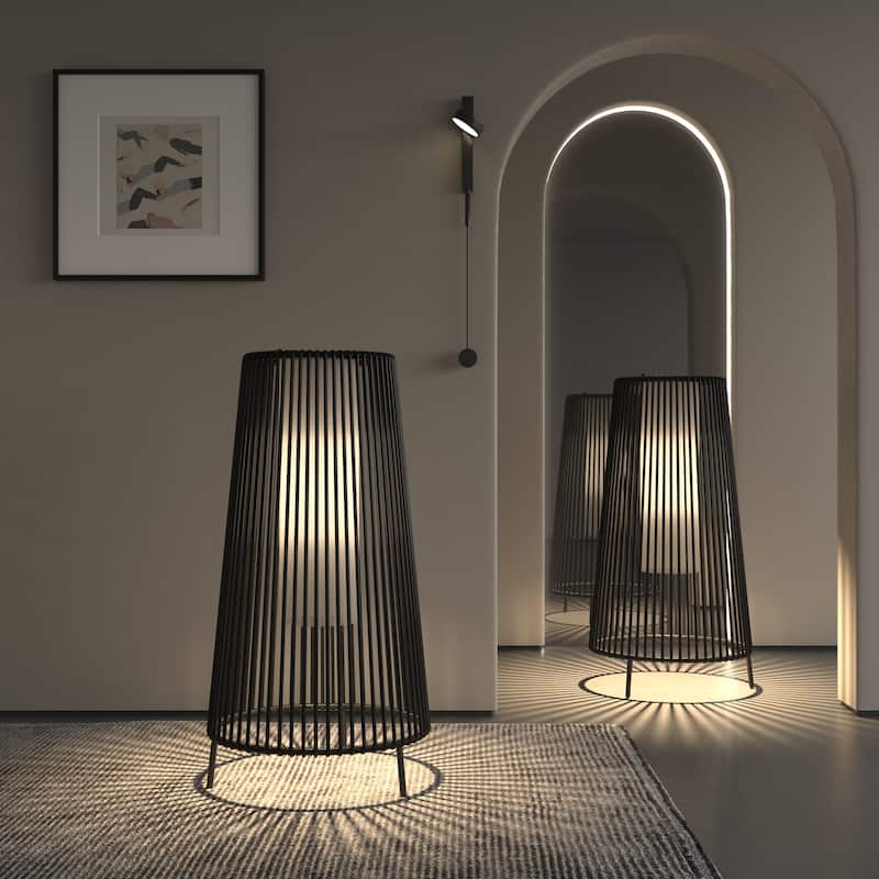 2-Pack Outdoor All-Weather Rattan Solar Light Patio Floor Lamp For Porch - 27.3'' H X 14'' W X 14'' D - Big/Black