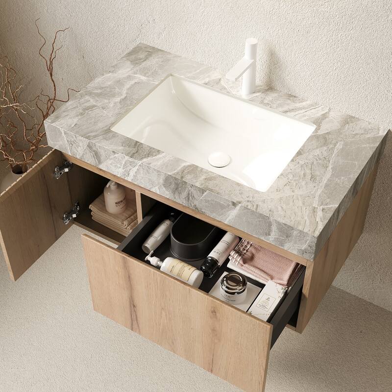 30"/36"/48" Wall-Mounted Bathroom Vanity with Ceramic Sink, Sintered Stone Countertop Floating Bathroom Storage Cabinet
