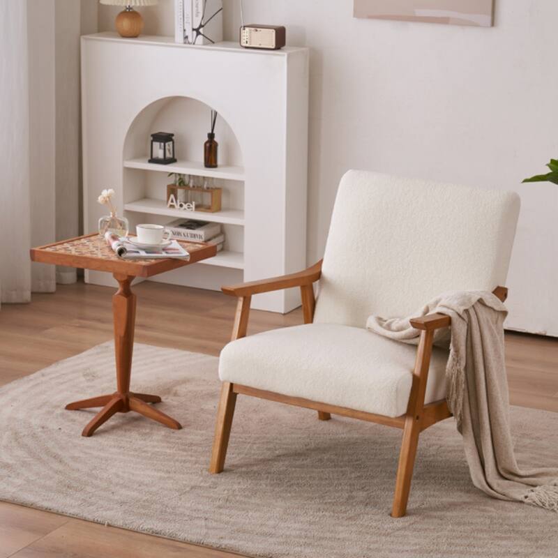Solid Wood Armrest Teddy Velvet Simple Single Indoor Lounge Chair Backrest Creamy-White - 27.56" x 31.89" x 33.07"