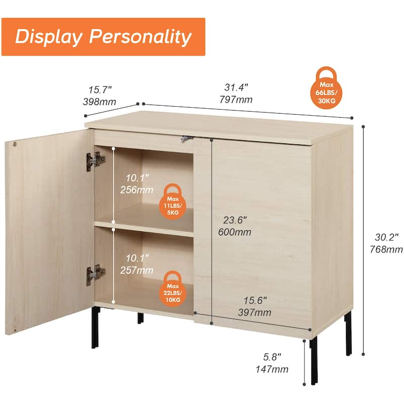31.5" Wooden Reeded Sideboard With 2 Doors, Modern Credenza Storage Cabinet