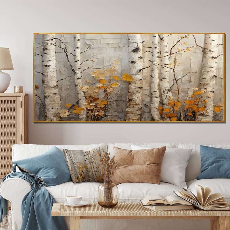 Designart "Autumn Birch Tree Elegance" Tree Orange Wall Decor - Country Living Room Framed Canvas Art - 60 in. wide x 28 in. high - Gold