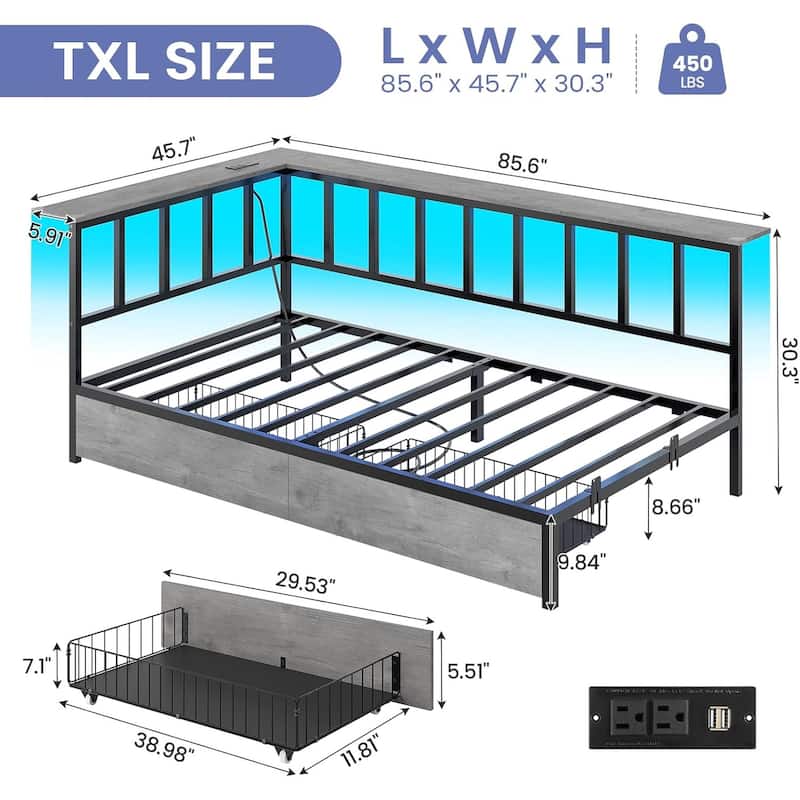Corner Bed Frame 2 Storage Drawers Daybed Charging Station LED Lights