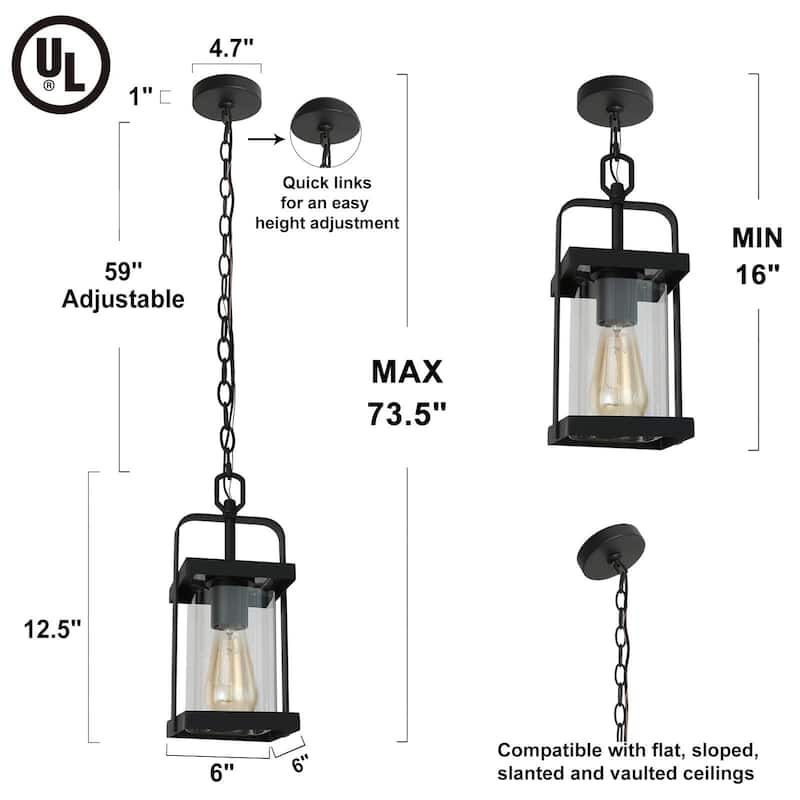 Modern Farmhouse Outdoor Patio lights Black Pendant Lighting Glass Shade Ceiling Light - Textured Black - L 6"x W 6"x H 12.5"