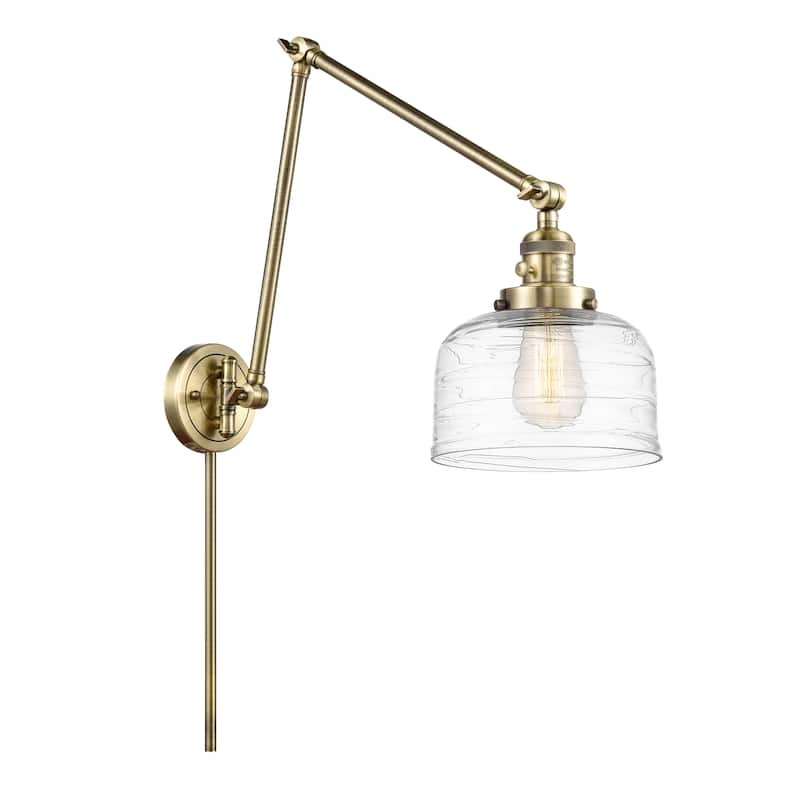 Innovations Lighting Bell - 1 Light 8" Double Extension Swing Arm - 8" Shade - Plug In or Hardwired - Antique Brass/Clear Deco Swirl