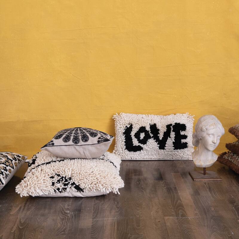 Woven Wool Shag Lumbar Pillow "Love", Black & Cream Color