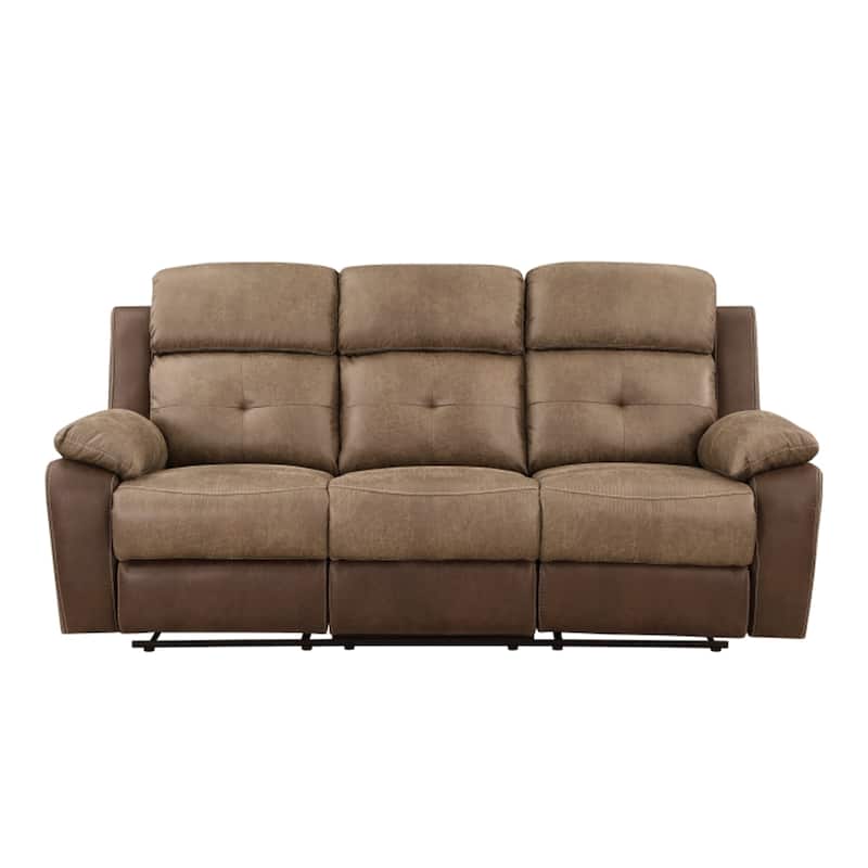 Emma 84 Inch Double Manual Recliner Sofa, Soft Brown Microfiber, Solid Wood