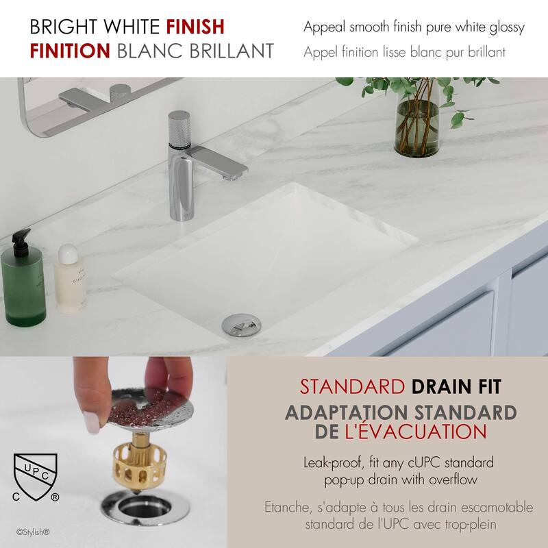 STYLISH Porcelain Rectangular 18 inches Undermount Ceramic Bathroom Sink with Overflow
