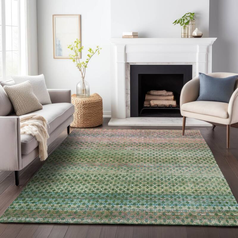 Machine Washable Indoor/Outdoor Stripe Medallions Chantille Rug