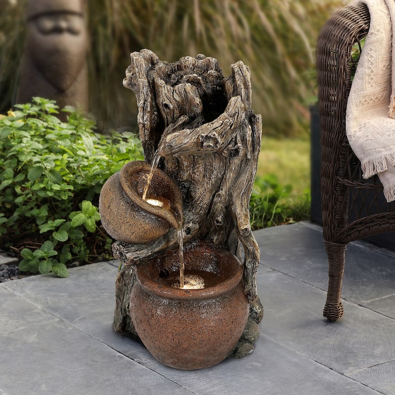 Brown Resin Tree Farmhouse Pots Outdoor Water Fountain with Lights