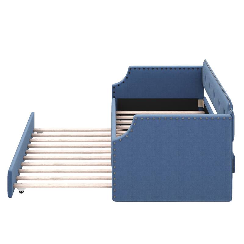 Twin Daybed with Trundle, Upholstered Frame, Wood Slats, Sofa Bed with Extra Sleeping Space