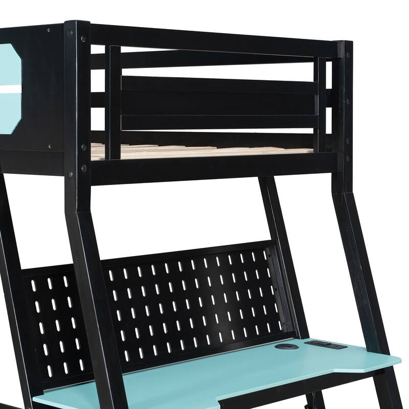Gaming Bunk Bed Two Built-In Gaming Desks Each Side Loft Bed with USB Desktop Ports and Pegboard Organizer for Gaming Room Gamer