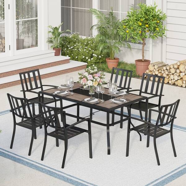 7pieces Patio Dining Set with 6 Steel Garden Stackable Chairs Bed