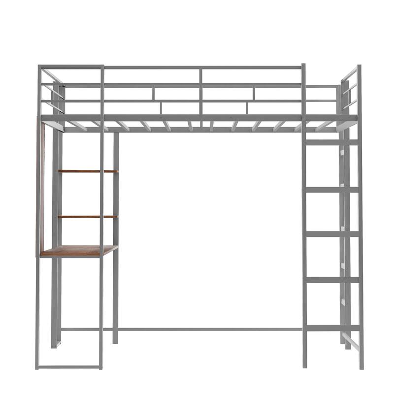 Twin Size Loft Bed with 2 Corner Shelves and MDF Desk, Metal Bed Frame with 2 Built-in Ladders and Safety Guardrails