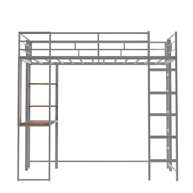 Twin Size Metal Loft Bed with Ladder, Fence, Shelves, and Desk