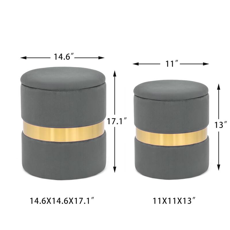 Adeco Set of 2 Velvet Storage Ottoman Round Foot Stool Metal Band