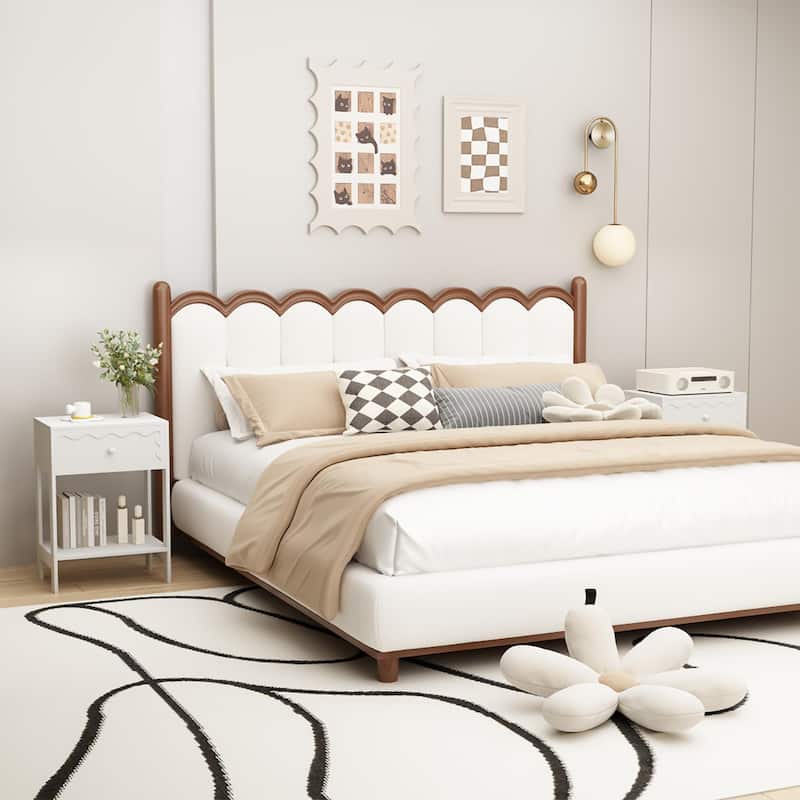 Anmytek White Modern Nightstand with Drawer and Open Shelf Wave Pattern Solid Wood Bedside Table