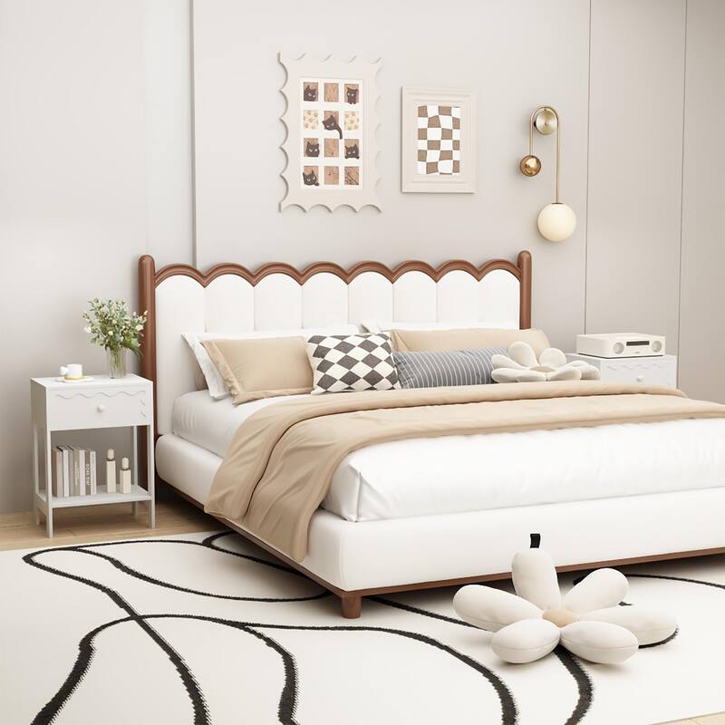 Nightstand with Drawer and Open Shelf, Modern Wave Pattern Bedside Table, Solid Wood Frame End Table for Bedroom, Living Room