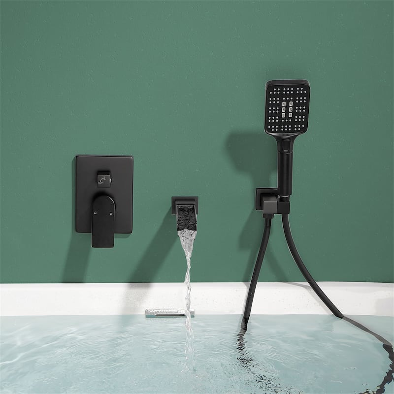 Waterfall Tub Faucet Wall Mounted Single Handle Tub Fillers with Handheld Shower Bathtub Faucet with Rough-in Valve