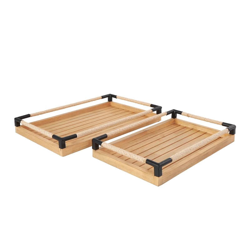 Wood Slatted Tray with Elevated Woven Sides and Black Metal Corners - Set of 2 Brown - Roche River Decor - 12"W x 19"L x 3"H