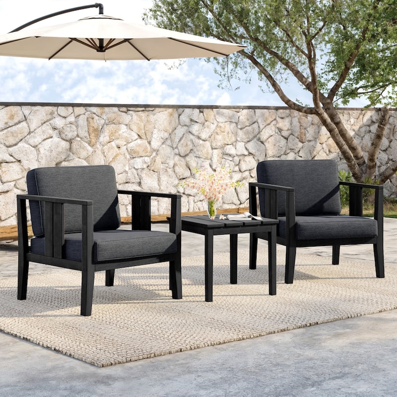 Teak Wood Upholstery Water-resistant Outdoor Armchair and Side Table Set (Set of 3) - Black frame - Dark Gray/Black
