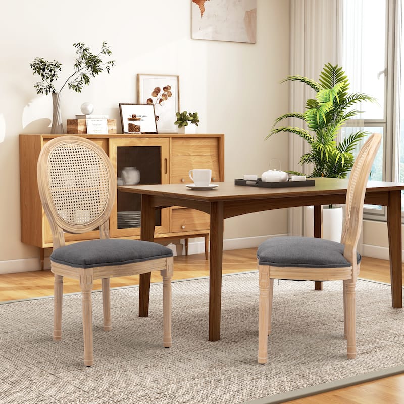 French Country Solid Wood Fabric Dining Chair Set of 2