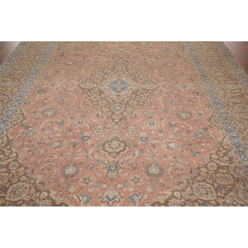 Distressed Mashad Persian Vintage Rug Hand-Knotted Pink Wool Carpet - 9'7"x 12'10"