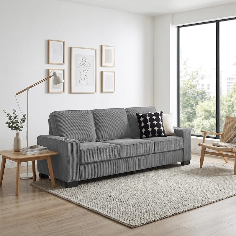 83.8'' Corduroy 3-Seat Sofa with Cup Holders, Modern Upholstered Couch, Compressed Living Room Sofa for Apartment Home Office - Co-Grey