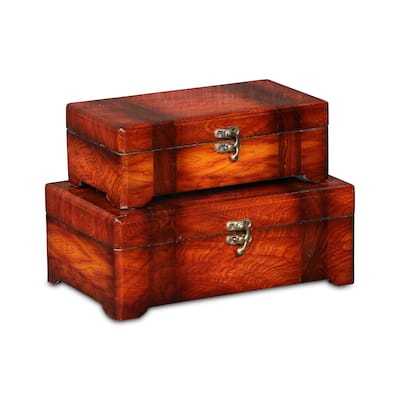 Brown Wooden Burlwood Veneer Storage Boxes (Set of 2)