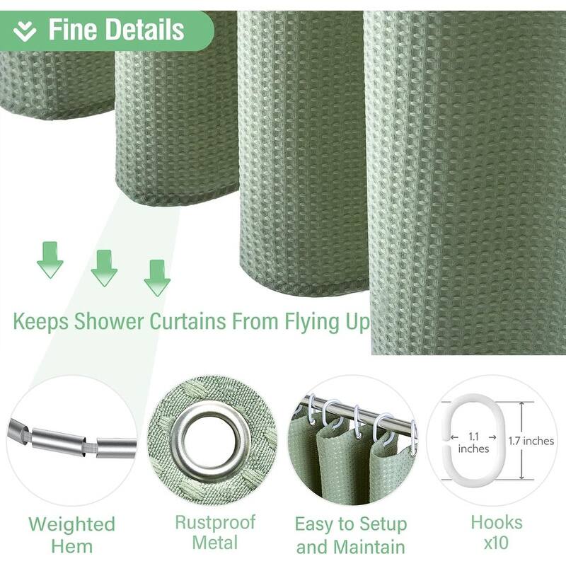 Waffle Textured Heavy Duty Thick Fabric Shower Curtain, Luxury Weighted Polyester Fabric Shower Curtain Set