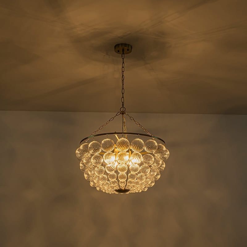 Glam Brass Tiered Swirled Glass Bubble Bead Cage Round Chandelier