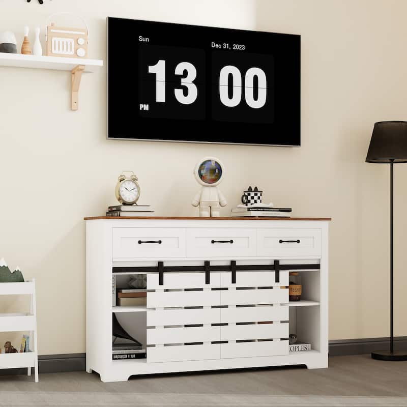 53" Farmhouse Sideboard Buffet Storage Cabinet with 3 Drawers, 2 Sliding Barn Doors, 2 Adjustable Shelves, Coffee Bar Cabinet