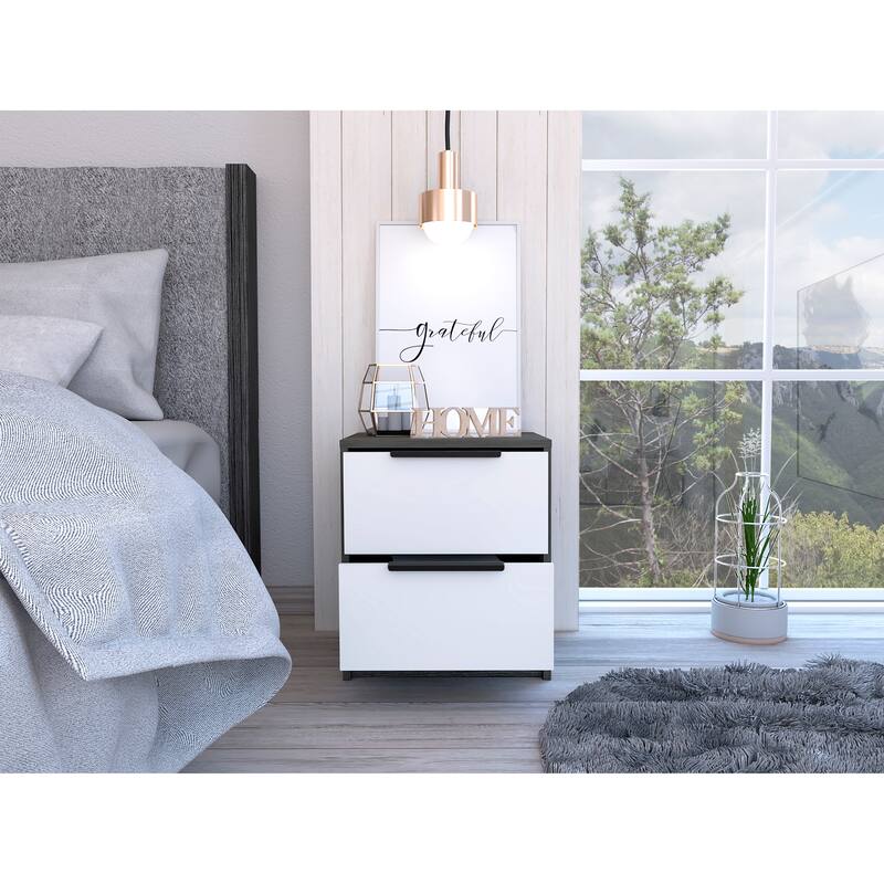 Bedroom Nightstand Two Drawers Metal Handle Smokey Oak