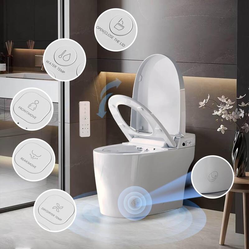 Smart Bidet Toilet with Remote, Auto Open/Close, Heated Seat, Air Dryer, Foot Sensor, cUPC - White