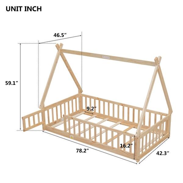 dimension image slide 0 of 6, Tent-shaped Floor Bed with Fence & Door,Wooden Montessori Bed for Kids
