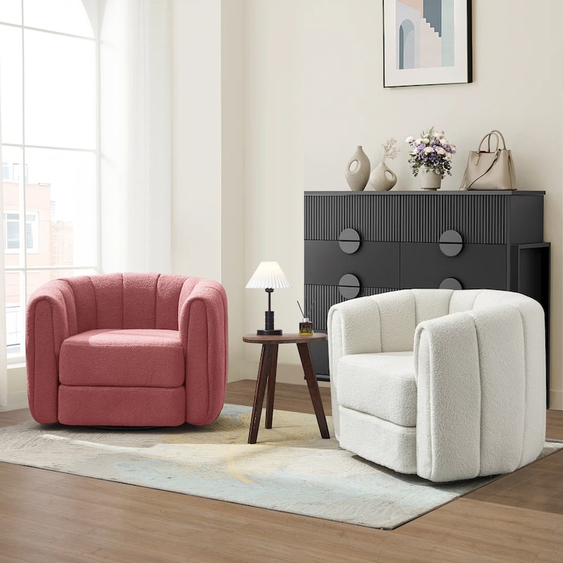 GDFStudio - Elodie Wide Teddy Swivel Armchair with Wooden Side Base, Modern Comfy Accent Chair