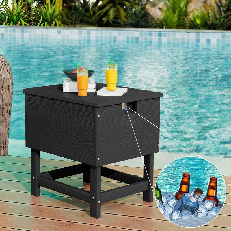 Outdoor Patio Weather Resistant HDPE Coffee & Side Table, Build-in Stainless Steel Cooler Bucket