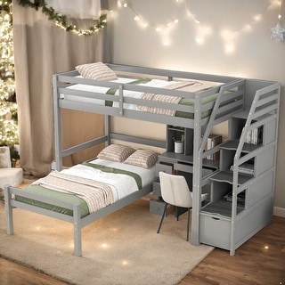 Twin Over Twin Loft Bed With A Stand-alone Bed,Staircase,Desk,Shelves