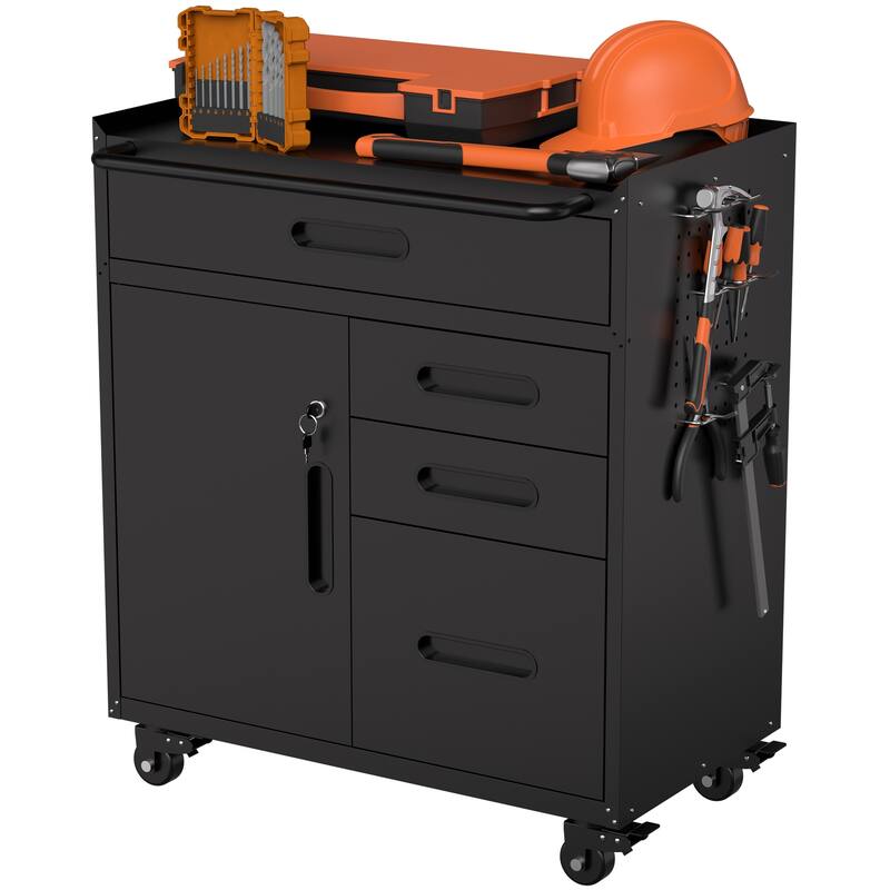 34.3" Mobile Tool Storage Cabinet - Garage Organizer with Lockable Compartment & 4 Drawers, Rolling Steel Chest
