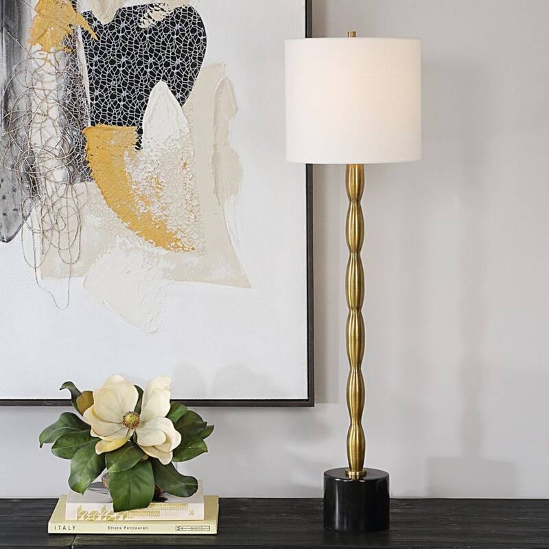 Buffet Lamp with Linen Drum Shade - 37" - Brass Finish