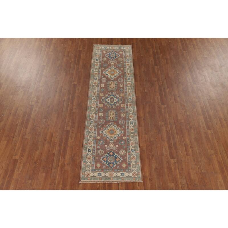 Geometric Kazak Oriental Runner Rug Handmade Wool Carpet - 2'9" x 9'10"