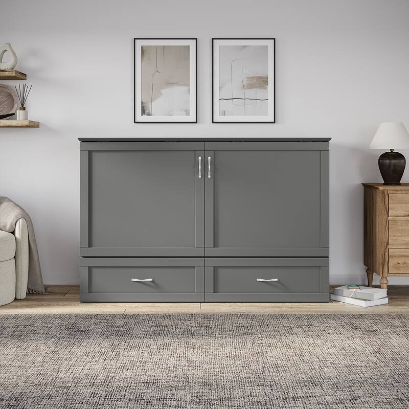 Raleigh Queen Murphy Bed Chest with 6" Mattress, Storage Drawer & Built-In Charger in Grey