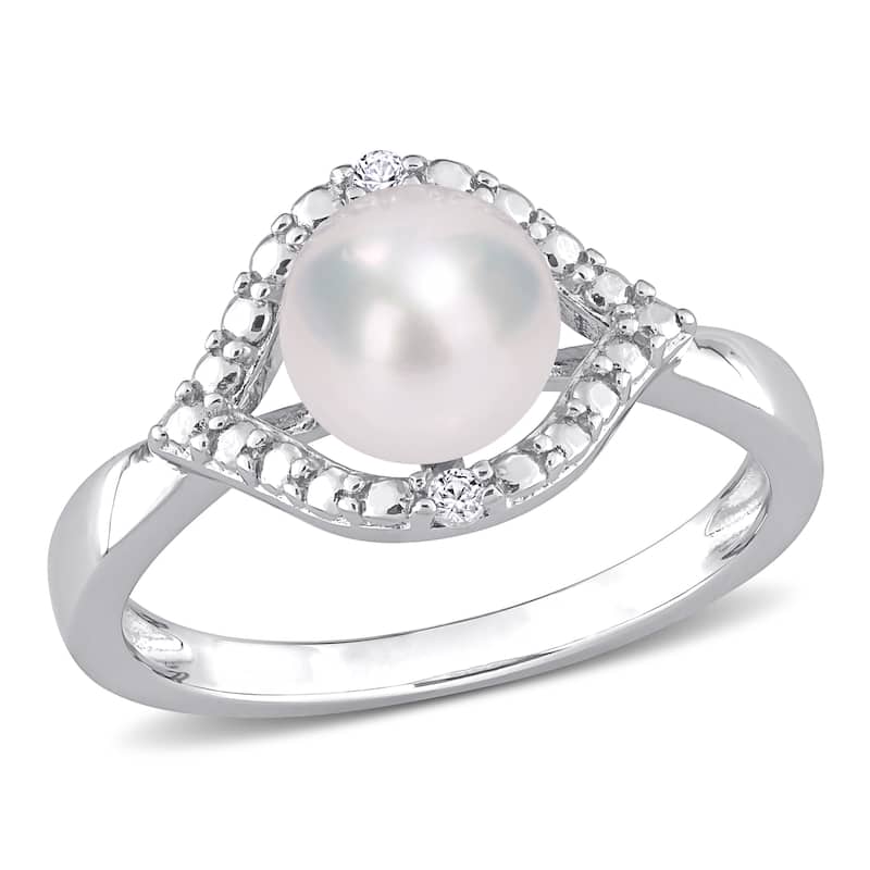 Miadora Sterling Silver Cultured Freshwater Pearl & Created White Sapphire Halo Ring (7-7.5mm)