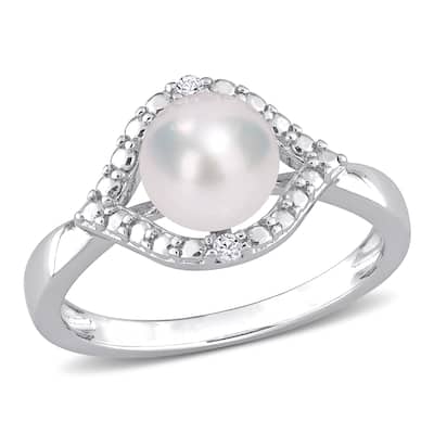 Miadora Sterling Silver Cultured Freshwater Pearl & Created White Sapphire Halo Ring (7-7.5mm)