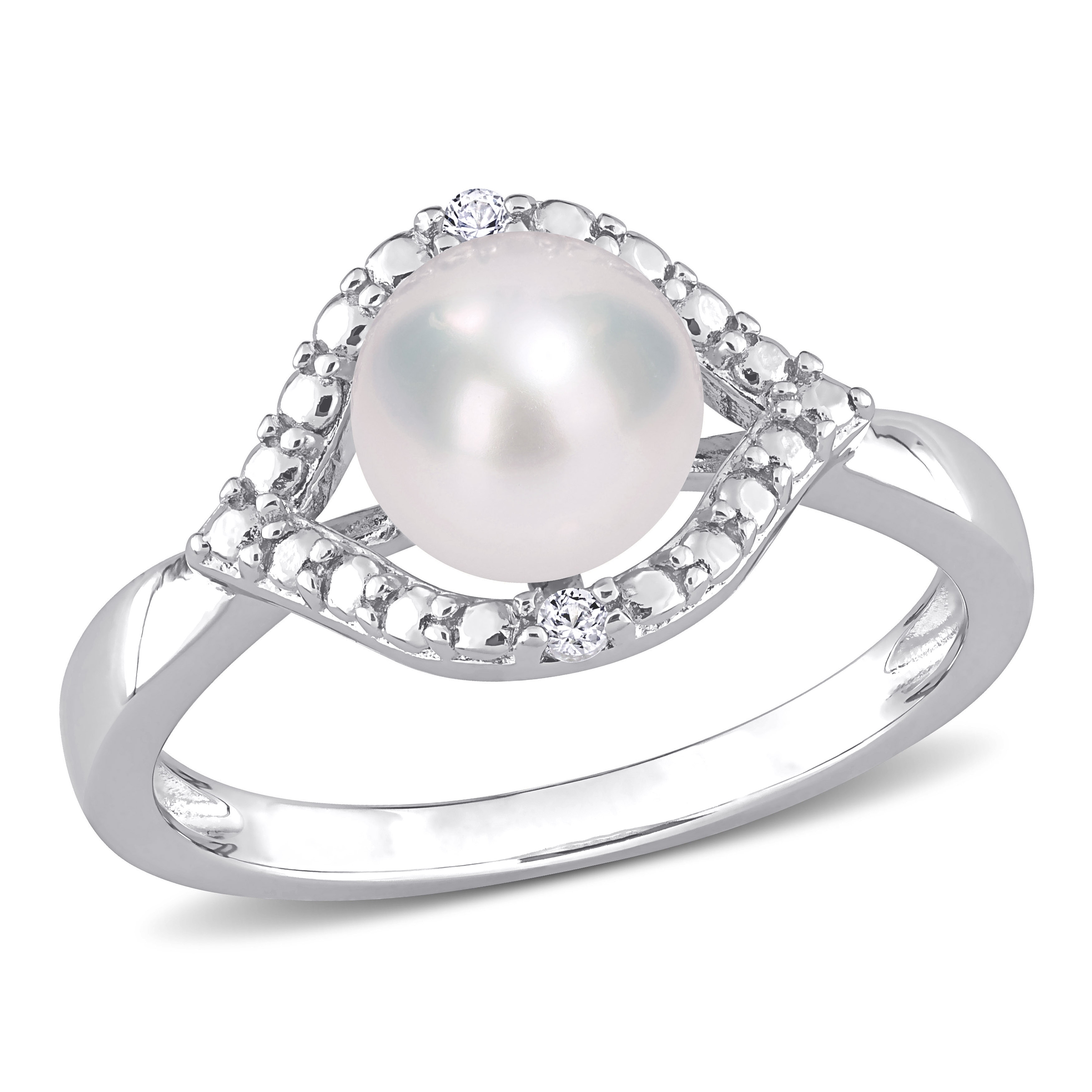 Miadora Sterling Silver Cultured Freshwater Pearl & Created White Sapphire Halo Ring (7-7.5mm)