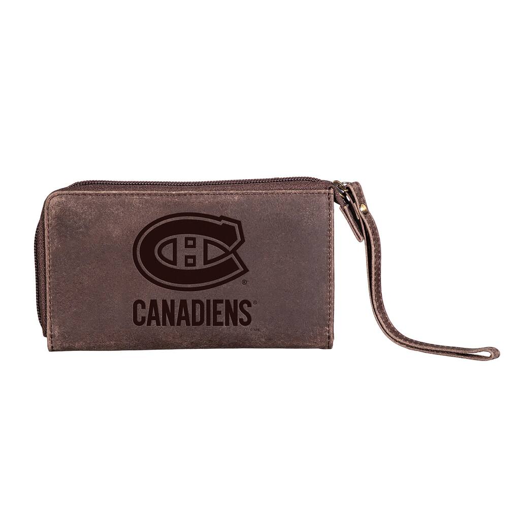 Brown Leather Cell Phone Wristlet Wallet, Montreal Canadiens - 4" x 7"