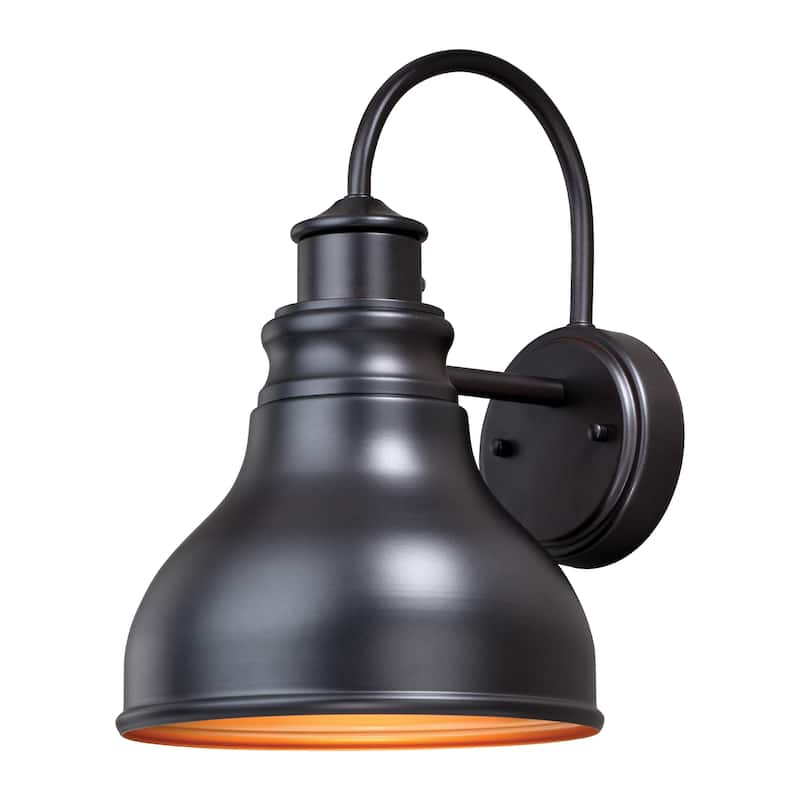 Delano 1 Light Dusk to Dawn Bronze Gold Farmhouse Barn Dome Outdoor Wall Lantern - 9-in W x 13-in H x 11-in D - Oil Burnished Bronze and Light Gold - 9-in W x 13-in H x 11-in D